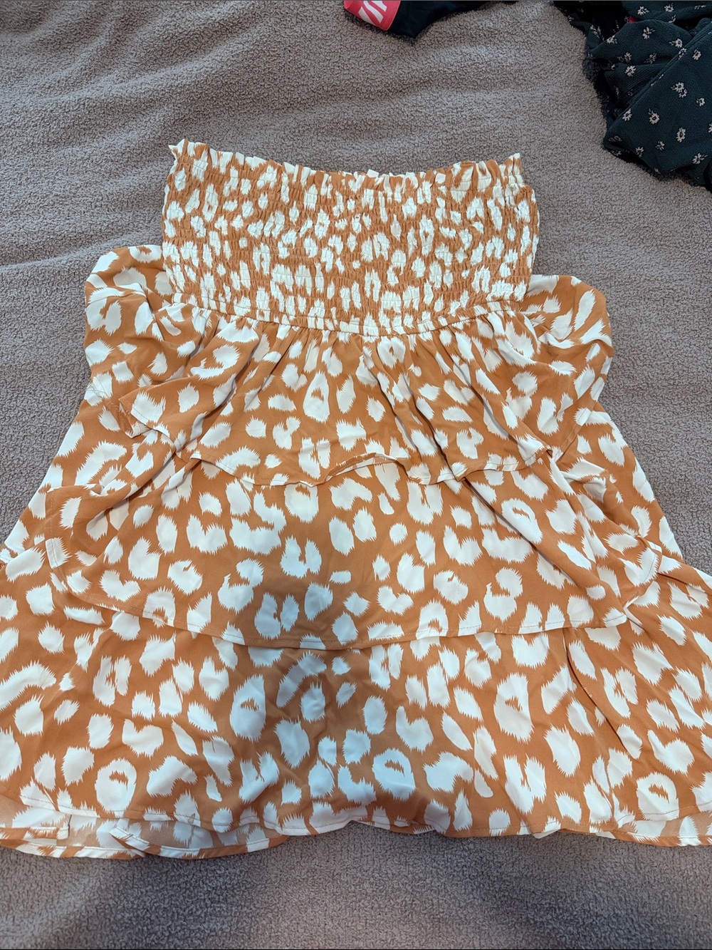 glam Strapless Tiered Ruffle Dress in Tan and White Animal Print